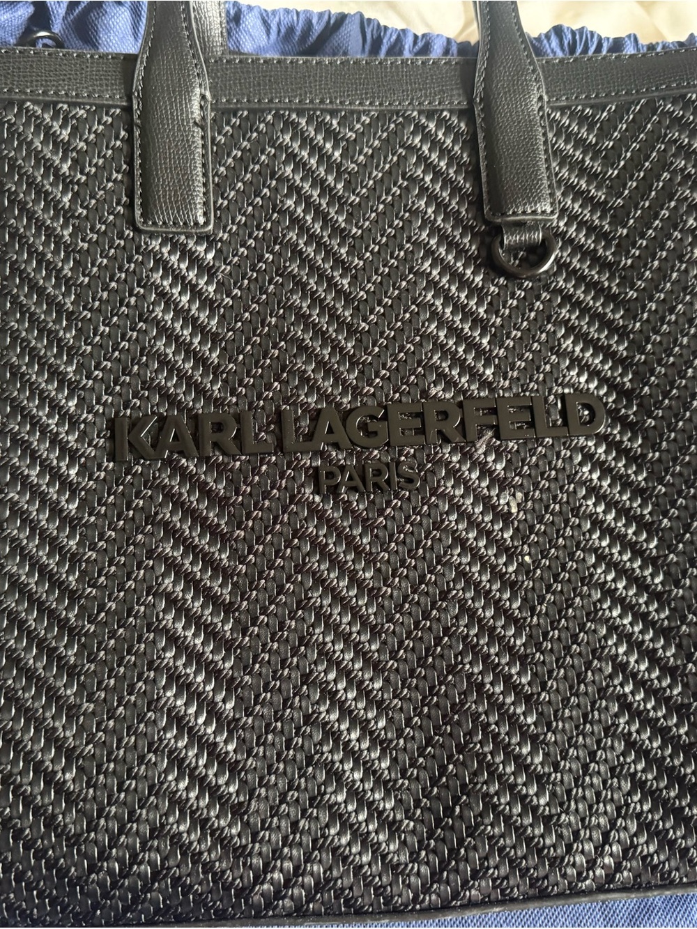 Karl Lagerfeld Black Woven Tote with Logo Plaque